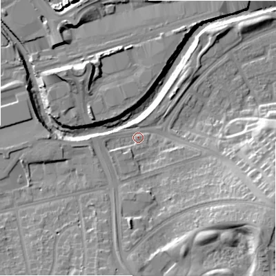 Shaded relief map of the ground around B368HU, computed from Environment Agency LiDAR. The ground here sits at about 87 m above sea level and falls 24 m across the surrounding 800 m. Surface water reaching this point runs off ground lying to the east-south-east, 20.0 m higher.