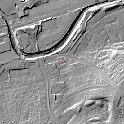 Shaded relief map of the ground around B368LG, computed from Environment Agency LiDAR. The ground here sits at about 87 m above sea level and falls 24 m across the surrounding 800 m. Surface water reaching this point runs off ground lying to the east-south-east, 19.7 m higher.