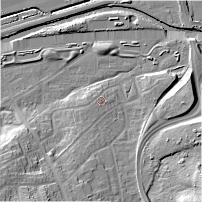 Shaded relief map of the ground around B368NT, computed from Environment Agency LiDAR. The ground here sits at about 87 m above sea level and falls 28 m across the surrounding 800 m. Surface water reaching this point runs off ground lying to the south-west, 2.4 m higher.