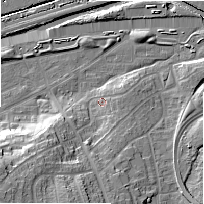 Shaded relief map of the ground around B368NU, computed from Environment Agency LiDAR. The ground here sits at about 86 m above sea level and falls 31 m across the surrounding 800 m. Surface water reaching this point runs off ground lying to the east-south-east, 4.1 m higher.