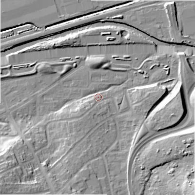 Shaded relief map of the ground around B368PS, computed from Environment Agency LiDAR. The ground here sits at about 84 m above sea level and falls 26 m across the surrounding 800 m. Surface water reaching this point runs off ground lying to the south-south-west, 15.0 m higher.