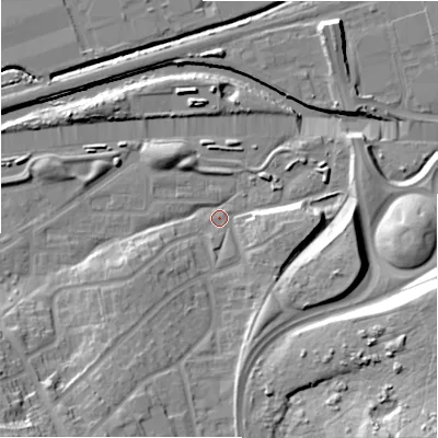 Shaded relief map of the ground around B368PT, computed from Environment Agency LiDAR. The ground here sits at about 83 m above sea level and falls 25 m across the surrounding 800 m. Surface water reaching this point runs off ground lying to the east, 7.7 m higher.