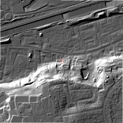 Shaded relief map of the ground around B368QA, computed from Environment Agency LiDAR. The ground here sits at about 85 m above sea level and falls 33 m across the surrounding 800 m. Surface water reaching this point runs off ground lying to the south, 26.5 m higher.