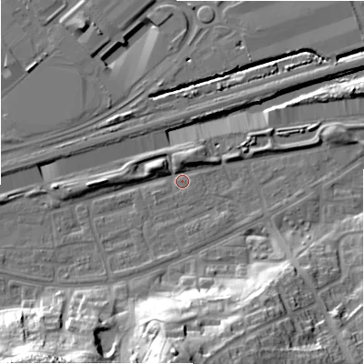 Shaded relief map of the ground around B368QD, computed from Environment Agency LiDAR. The ground here sits at about 83 m above sea level and falls 31 m across the surrounding 800 m. Surface water reaching this point runs off ground lying to the south-west, 28.6 m higher.