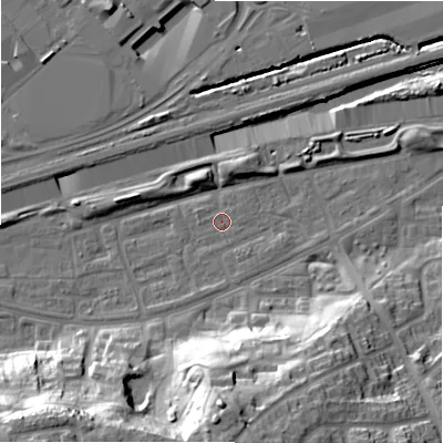 Shaded relief map of the ground around B368QE, computed from Environment Agency LiDAR. The ground here sits at about 83 m above sea level and falls 32 m across the surrounding 800 m. Surface water reaching this point runs off ground lying to the south-south-east, 0.5 m higher.