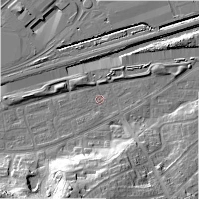 Shaded relief map of the ground around B368QF, computed from Environment Agency LiDAR. The ground here sits at about 82 m above sea level and falls 31 m across the surrounding 800 m. Surface water reaching this point runs off ground lying to the south-south-west, 29.1 m higher.