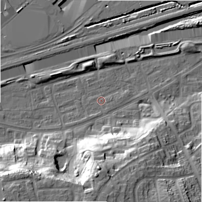 Shaded relief map of the ground around B368QG, computed from Environment Agency LiDAR. The ground here sits at about 83 m above sea level and falls 33 m across the surrounding 800 m. Surface water reaching this point runs off ground lying to the south, 1.1 m higher.