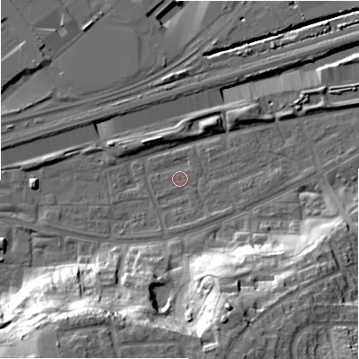 Shaded relief map of the ground around B368QH, computed from Environment Agency LiDAR. The ground here sits at about 83 m above sea level and falls 32 m across the surrounding 800 m. Surface water reaching this point runs off ground lying to the south, 1.6 m higher.