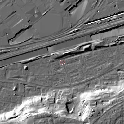 Shaded relief map of the ground around B368QJ, computed from Environment Agency LiDAR. The ground here sits at about 83 m above sea level and falls 32 m across the surrounding 800 m. Surface water reaching this point runs off ground lying to the south-south-west, 30.0 m higher.