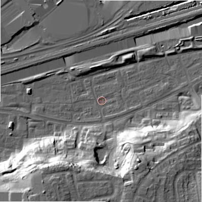 Shaded relief map of the ground around B368QL, computed from Environment Agency LiDAR. The ground here sits at about 83 m above sea level and falls 33 m across the surrounding 800 m. Surface water reaching this point runs off ground lying to the south-south-east, 1.6 m higher.