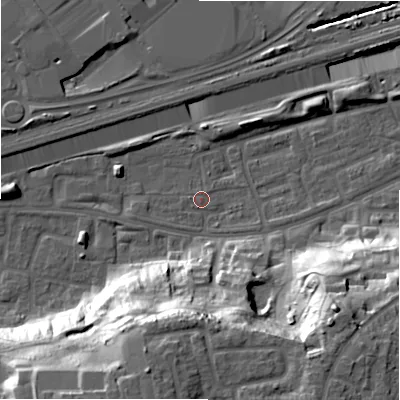 Shaded relief map of the ground around B368QN, computed from Environment Agency LiDAR. The ground here sits at about 83 m above sea level and falls 32 m across the surrounding 800 m. Surface water reaching this point runs off ground lying to the south-south-west, 29.7 m higher.