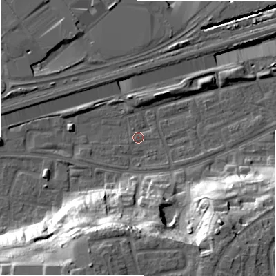 Shaded relief map of the ground around B368QP, computed from Environment Agency LiDAR. The ground here sits at about 83 m above sea level and falls 33 m across the surrounding 800 m. Surface water reaching this point runs off ground lying to the south-south-west, 29.9 m higher.