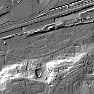 Shaded relief map of the ground around B368QQ, computed from Environment Agency LiDAR. The ground here sits at about 83 m above sea level and falls 33 m across the surrounding 800 m. Surface water reaching this point runs off ground lying to the south-south-west, 1.6 m higher.