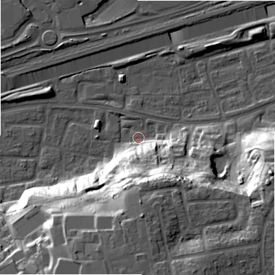 Shaded relief map of the ground around B368QR, computed from Environment Agency LiDAR. The ground here sits at about 83 m above sea level and falls 33 m across the surrounding 800 m. Surface water reaching this point runs off ground lying to the south-south-east, 28.4 m higher.