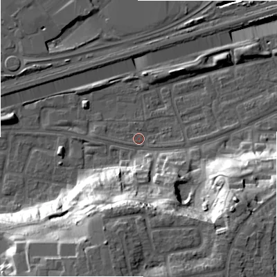 Shaded relief map of the ground around B368QS, computed from Environment Agency LiDAR. The ground here sits at about 83 m above sea level and falls 32 m across the surrounding 800 m. Surface water reaching this point runs off ground lying to the south-south-west, 29.7 m higher.