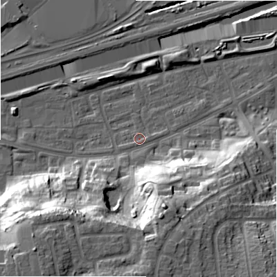 Shaded relief map of the ground around B368QT, computed from Environment Agency LiDAR. The ground here sits at about 84 m above sea level and falls 33 m across the surrounding 800 m. Surface water reaching this point runs off ground lying to the south-south-west, 1.0 m higher.