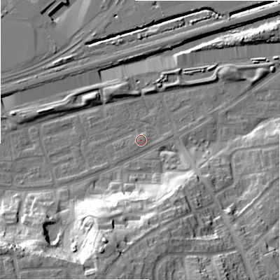 Shaded relief map of the ground around B368QU, computed from Environment Agency LiDAR. The ground here sits at about 83 m above sea level and falls 32 m across the surrounding 800 m. Surface water reaching this point runs off ground lying to the south-west, 0.6 m higher.