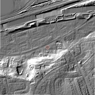 Shaded relief map of the ground around B368QX, computed from Environment Agency LiDAR. The ground here sits at about 83 m above sea level and falls 32 m across the surrounding 800 m. Surface water reaching this point runs off ground lying to the south-west, 30.0 m higher.