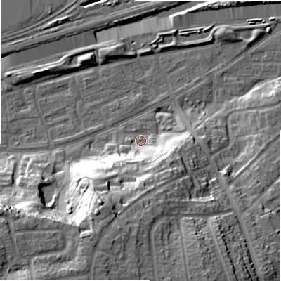 Shaded relief map of the ground around B368QY, computed from Environment Agency LiDAR. The ground here sits at about 84 m above sea level and falls 32 m across the surrounding 800 m. Surface water reaching this point runs off ground lying to the south-south-west, 26.4 m higher.