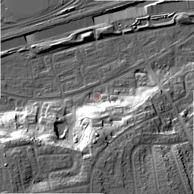 Shaded relief map of the ground around B368RB, computed from Environment Agency LiDAR. The ground here sits at about 84 m above sea level and falls 33 m across the surrounding 800 m. Surface water reaching this point runs off ground lying to the south, 20.9 m higher.