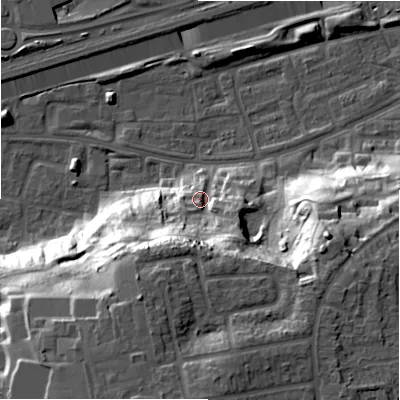 Shaded relief map of the ground around B368RE, computed from Environment Agency LiDAR. The ground here sits at about 91 m above sea level and falls 32 m across the surrounding 800 m. Surface water reaching this point runs off ground lying to the south-west, 24.6 m higher.