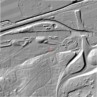 Shaded relief map of the ground around B368RS, computed from Environment Agency LiDAR. The ground here sits at about 83 m above sea level and falls 23 m across the surrounding 800 m. Surface water reaching this point runs off ground lying to the south-south-west, 12.9 m higher.