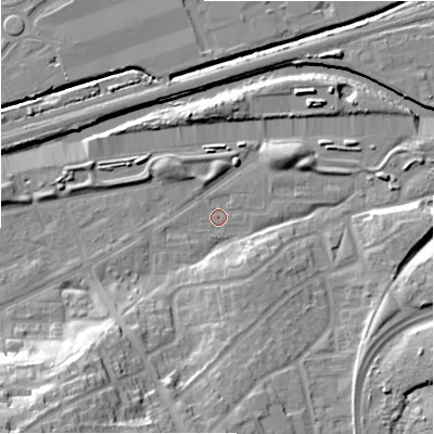 Shaded relief map of the ground around B368RX, computed from Environment Agency LiDAR. The ground here sits at about 82 m above sea level and falls 28 m across the surrounding 800 m. Surface water reaching this point runs off ground lying to the south-west, 24.6 m higher.