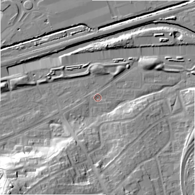Shaded relief map of the ground around B368RY, computed from Environment Agency LiDAR. The ground here sits at about 82 m above sea level and falls 31 m across the surrounding 800 m. Surface water reaching this point runs off ground lying to the south-south-west, 25.8 m higher.
