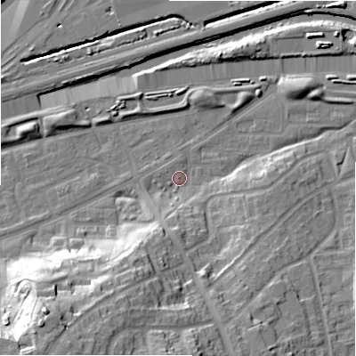 Shaded relief map of the ground around B368SA, computed from Environment Agency LiDAR. The ground here sits at about 83 m above sea level and falls 31 m across the surrounding 800 m. Surface water reaching this point runs off ground lying to the south-south-west, 27.8 m higher.