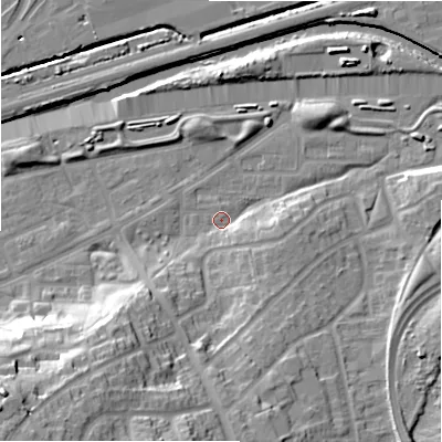 Shaded relief map of the ground around B368SB, computed from Environment Agency LiDAR. The ground here sits at about 82 m above sea level and falls 31 m across the surrounding 800 m. Surface water reaching this point runs off ground lying to the south-west, 28.7 m higher.