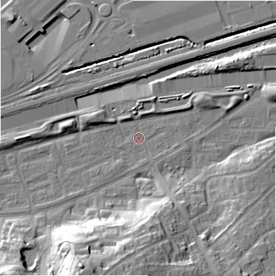 Shaded relief map of the ground around B368SH, computed from Environment Agency LiDAR. The ground here sits at about 82 m above sea level and falls 31 m across the surrounding 800 m. Surface water reaching this point runs off ground lying to the south-south-east, 1.4 m higher.