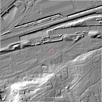 Shaded relief map of the ground around B368SJ, computed from Environment Agency LiDAR. The ground here sits at about 82 m above sea level and falls 31 m across the surrounding 800 m. Surface water reaching this point runs off ground lying to the south-south-west, 1.4 m higher.