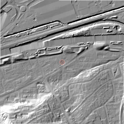 Shaded relief map of the ground around B368SL, computed from Environment Agency LiDAR. The ground here sits at about 82 m above sea level and falls 31 m across the surrounding 800 m. Surface water reaching this point runs off ground lying to the south-south-west, 24.0 m higher.