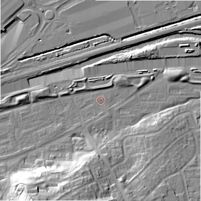 Shaded relief map of the ground around B368SN, computed from Environment Agency LiDAR. The ground here sits at about 82 m above sea level and falls 31 m across the surrounding 800 m. Surface water reaching this point runs off ground lying to the south-south-west, 23.9 m higher.