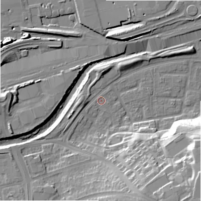 Shaded relief map of the ground around B368SU, computed from Environment Agency LiDAR. The ground here sits at about 85 m above sea level and falls 30 m across the surrounding 800 m. Surface water reaching this point runs off ground lying to the west, 2.8 m higher.