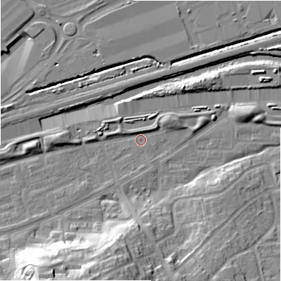 Shaded relief map of the ground around B368SW, computed from Environment Agency LiDAR. The ground here sits at about 82 m above sea level and falls 26 m across the surrounding 800 m. Surface water reaching this point runs off ground lying to the south-south-west, 24.4 m higher.