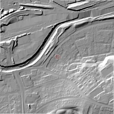 Shaded relief map of the ground around B368SX, computed from Environment Agency LiDAR. The ground here sits at about 85 m above sea level and falls 29 m across the surrounding 800 m. Surface water reaching this point runs off ground lying to the south-east, 24.8 m higher.