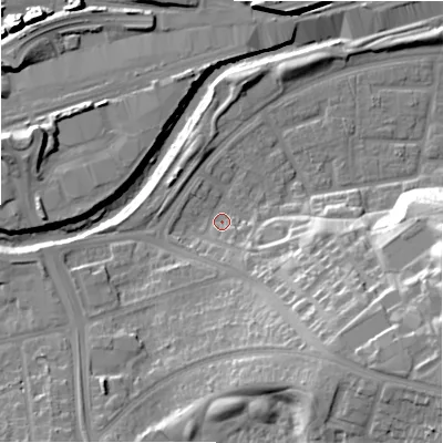 Shaded relief map of the ground around B368SY, computed from Environment Agency LiDAR. The ground here sits at about 85 m above sea level and falls 28 m across the surrounding 800 m. Surface water reaching this point runs off ground lying to the south-east, 25.2 m higher.