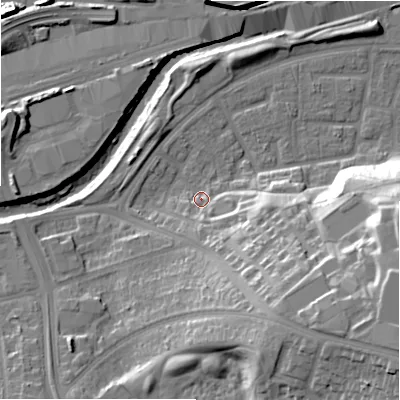 Shaded relief map of the ground around B368TA, computed from Environment Agency LiDAR. The ground here sits at about 86 m above sea level and falls 29 m across the surrounding 800 m. Surface water reaching this point runs off ground lying to the south-east, 19.5 m higher.
