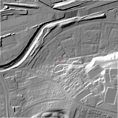 Shaded relief map of the ground around B368TB, computed from Environment Agency LiDAR. The ground here sits at about 85 m above sea level and falls 30 m across the surrounding 800 m. Surface water reaching this point runs off ground lying to the south-east, 27.0 m higher.