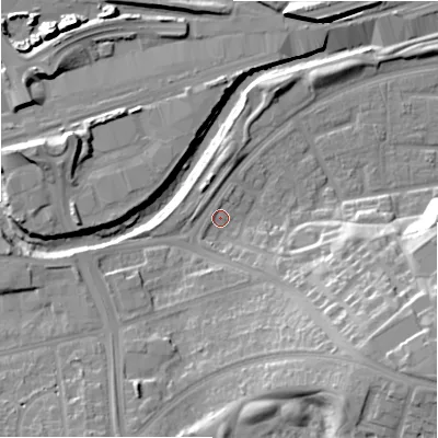Shaded relief map of the ground around B368TD, computed from Environment Agency LiDAR. The ground here sits at about 85 m above sea level and falls 27 m across the surrounding 800 m. Surface water reaching this point runs off ground lying to the south-east, 23.9 m higher.