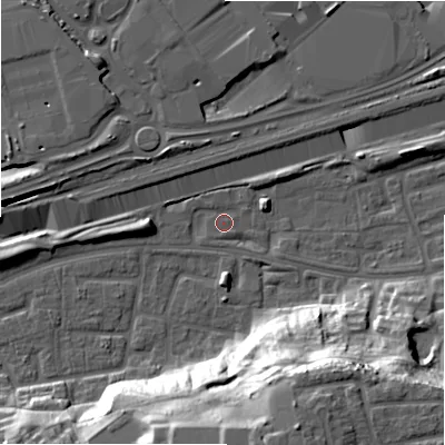 Shaded relief map of the ground around B368TY, computed from Environment Agency LiDAR. The ground here sits at about 83 m above sea level and falls 31 m across the surrounding 800 m. Surface water reaching this point runs off ground lying to the west, 5.0 m higher.