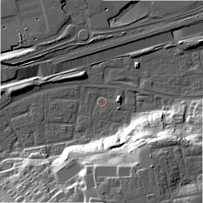 Shaded relief map of the ground around B368UA, computed from Environment Agency LiDAR. The ground here sits at about 83 m above sea level and falls 31 m across the surrounding 800 m. Surface water reaching this point runs off ground lying to the south, 29.5 m higher.