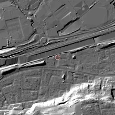 Shaded relief map of the ground around B368UB, computed from Environment Agency LiDAR. The ground here sits at about 83 m above sea level and falls 31 m across the surrounding 800 m. Surface water reaching this point runs off ground lying to the west-south-west, 5.0 m higher.