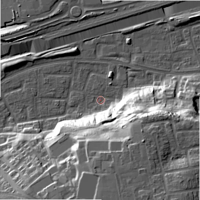 Shaded relief map of the ground around B368UD, computed from Environment Agency LiDAR. The ground here sits at about 83 m above sea level and falls 33 m across the surrounding 800 m. Surface water reaching this point runs off ground lying to the south-south-east, 30.1 m higher.