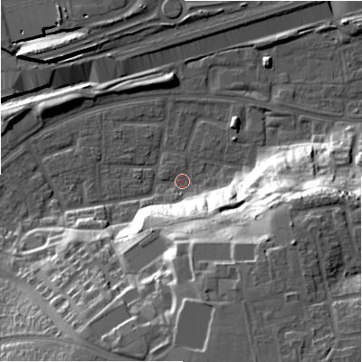 Shaded relief map of the ground around B368UE, computed from Environment Agency LiDAR. The ground here sits at about 84 m above sea level and falls 33 m across the surrounding 800 m. Surface water reaching this point runs off ground lying to the south-south-east, 30.3 m higher.