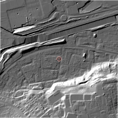 Shaded relief map of the ground around B368UG, computed from Environment Agency LiDAR. The ground here sits at about 84 m above sea level and falls 31 m across the surrounding 800 m. Surface water reaching this point runs off ground lying to the south, 22.0 m higher.