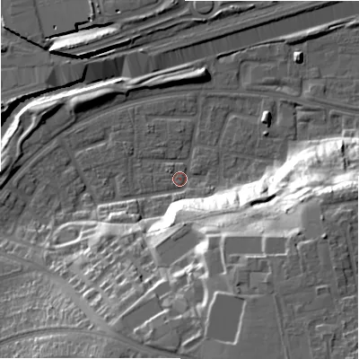 Shaded relief map of the ground around B368UH, computed from Environment Agency LiDAR. The ground here sits at about 84 m above sea level and falls 32 m across the surrounding 800 m. Surface water reaching this point runs off ground lying to the south-east, 29.3 m higher.