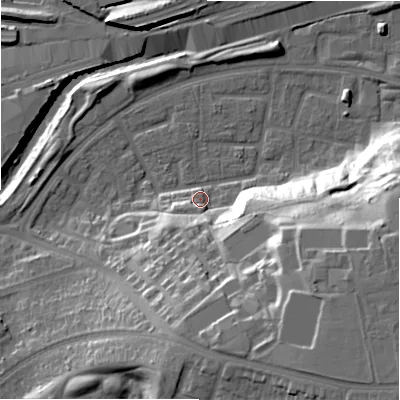Shaded relief map of the ground around B368UJ, computed from Environment Agency LiDAR. The ground here sits at about 87 m above sea level and falls 32 m across the surrounding 800 m. Surface water reaching this point runs off ground lying to the east-south-east, 27.4 m higher.