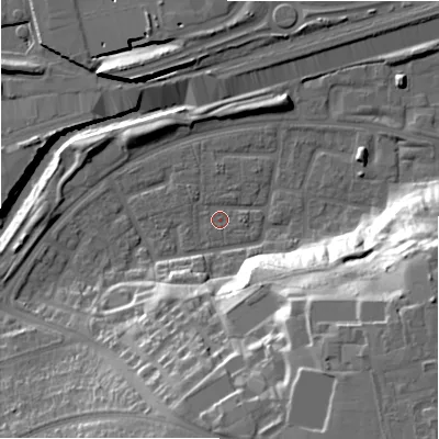 Shaded relief map of the ground around B368UL, computed from Environment Agency LiDAR. The ground here sits at about 84 m above sea level and falls 32 m across the surrounding 800 m. Surface water reaching this point runs off ground lying to the west-south-west, 1.2 m higher.